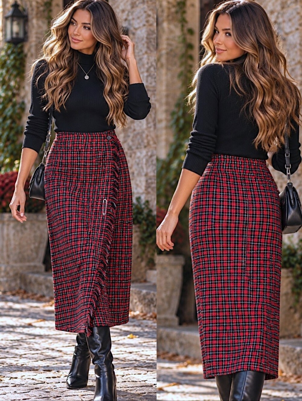 TY Wear 90s Sz 14 Dark Academia Plaid Wrap Preppy Maxi Skirt Red Fringe Tartan